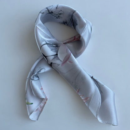 100% Pure Silk Multicolour Small Silk Scarf -The Pink & Grey Flowers