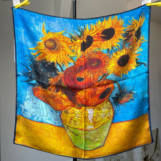 100% Pure Silk Multicolour Large Silk Scarf / Headscarf-The SunFlowers - 26”Silk Scarf / Headscarf