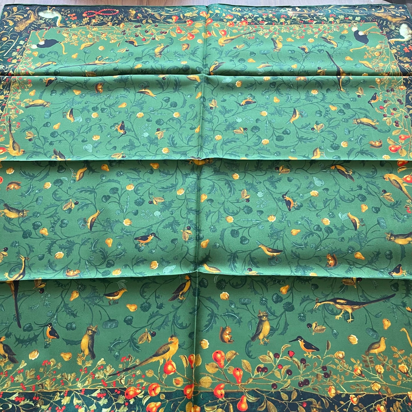100% Pure Mulberry Silk Extra Large Hand Rolled Silk Scarf 35"- The Green & Birds