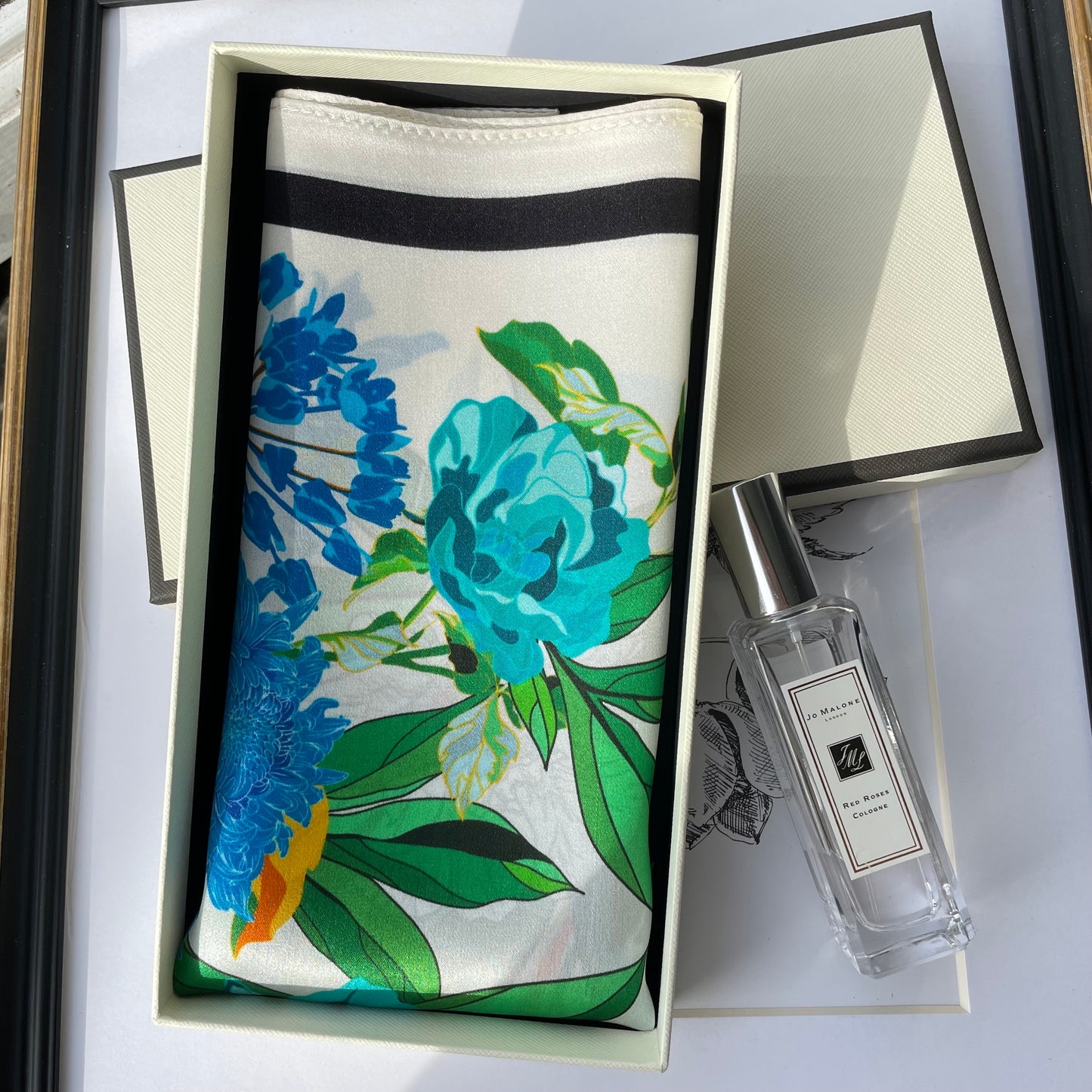 100% Pure Silk Multicolor 20" Silk Square Scarf -The Blue Flowers