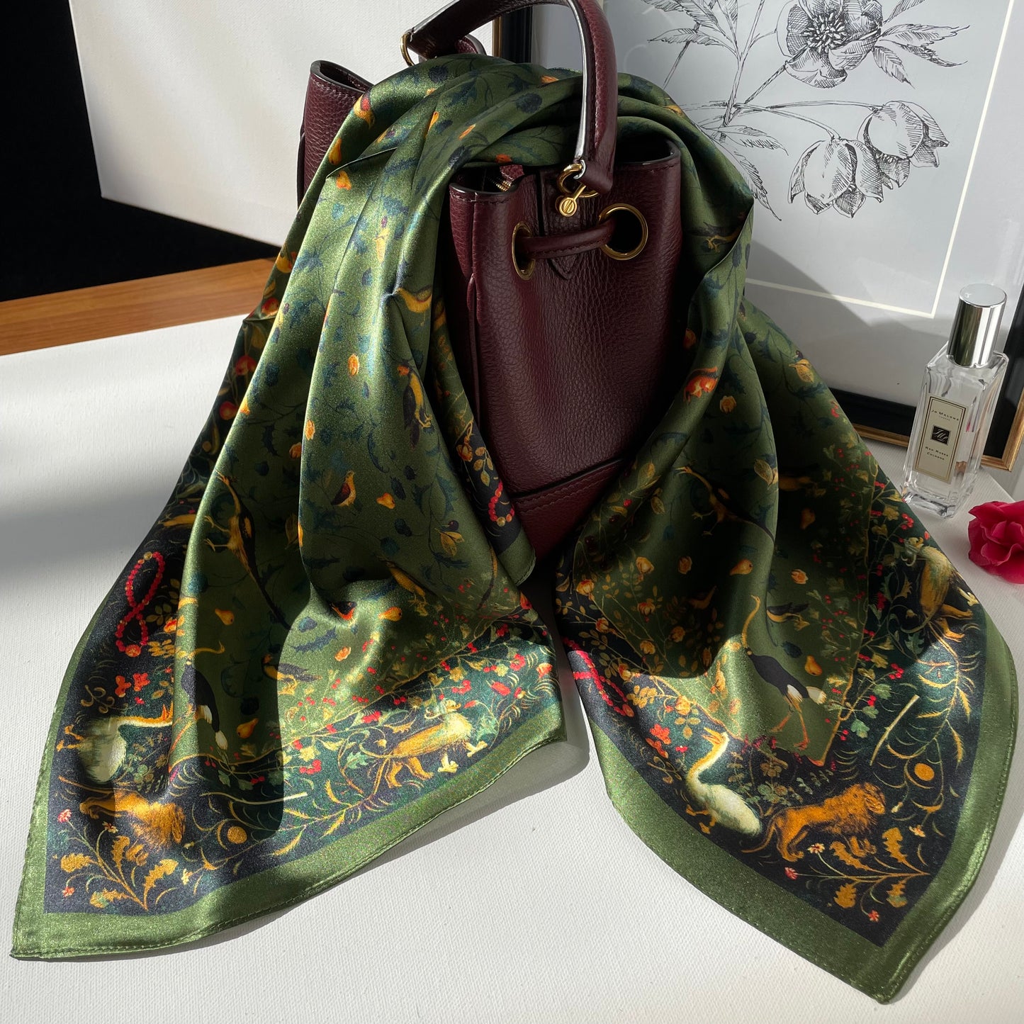 100% Pure Silk Multicolour Large 26” Silk Scarf / Headscarf-The Green & Birds