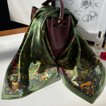 100% Pure Silk Multicolour Large 26” Silk Scarf / Headscarf-The Green & Birds