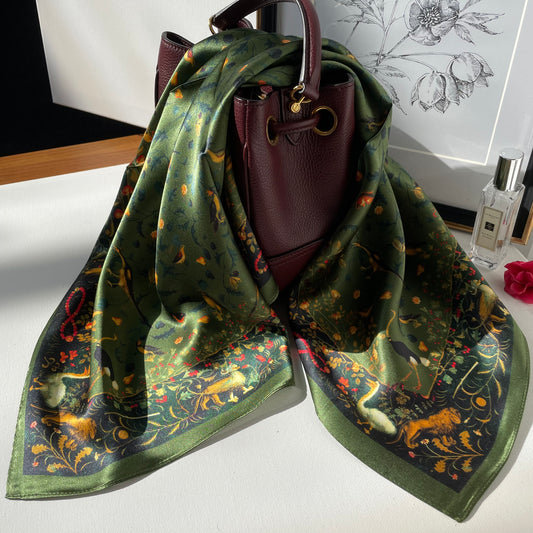 100% Pure Silk Multicolour Large 26” Silk Scarf / Headscarf-The Green & Birds