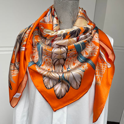 100% Pure Mulberry Silk Multicolour Handmade Large Silk Scarf 43"- The Orange Feathers