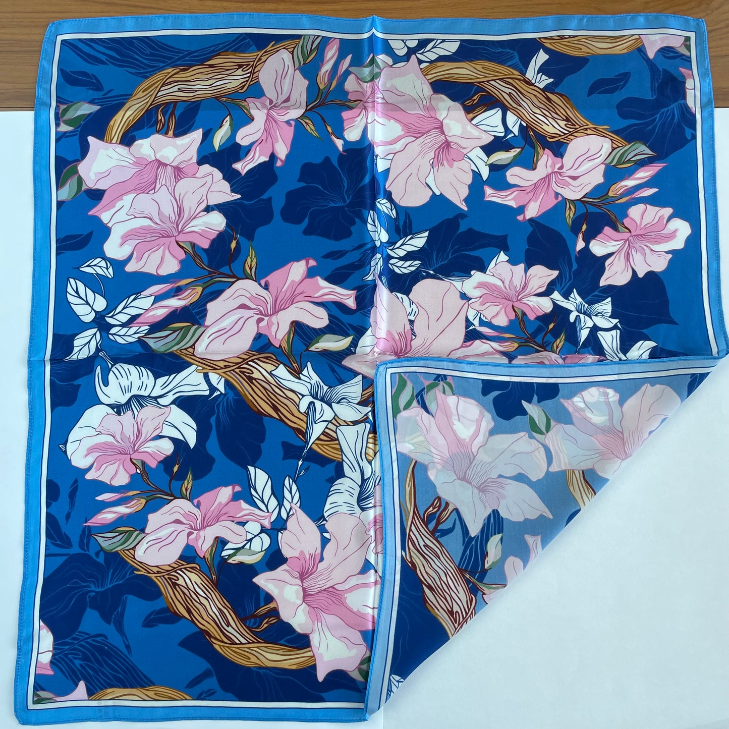 100% Pure Silk Multicolour Large Silk Scarf / Headscarf-The Blue Flowers - 26”Silk Scarf / Headscarf