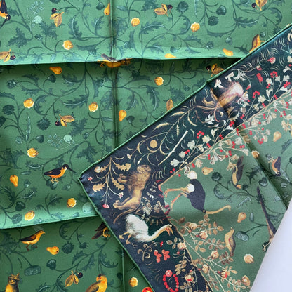 100% Pure Mulberry Silk Extra Large Hand Rolled Silk Scarf 35"- The Green & Birds