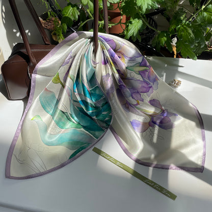 100% Pure Silk Multicolor 20" Silk Square Scarf -The Irises