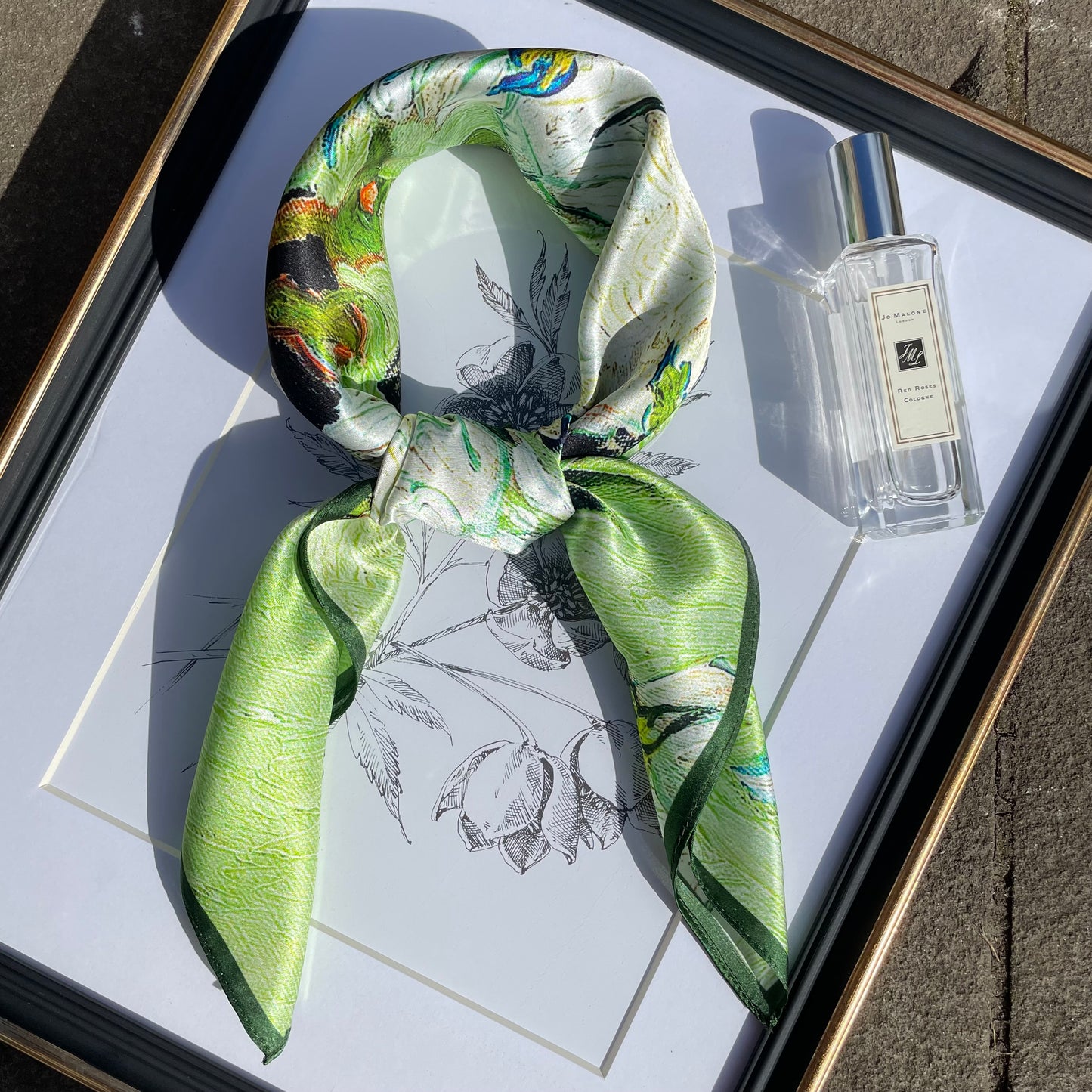 100% Pure Silk Multicolour Large Silk Scarf / Headscarf-The White Rose - 26”Silk Scarf / Headscarf