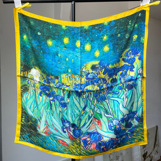 100% Pure Silk Multicolour Large Silk Scarf / Headscarf-The Irises - 26”Silk Scarf / Headscarf