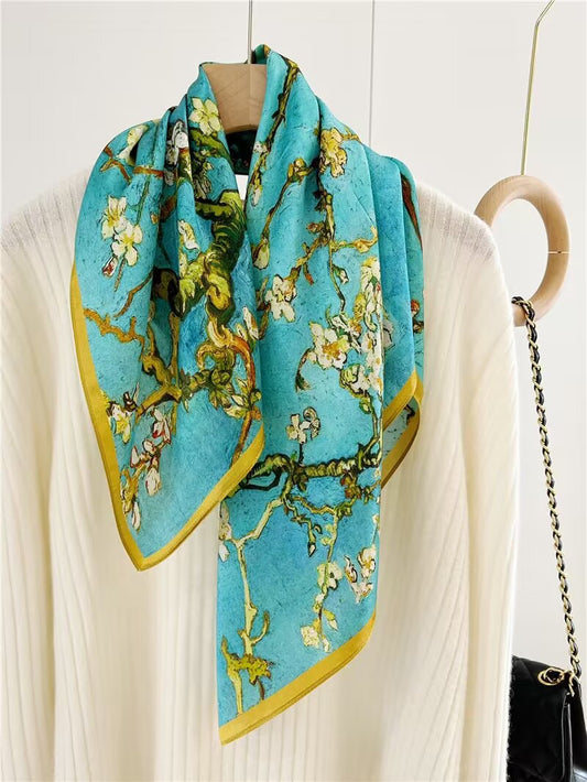 100% Pure Silk Multicolour Large Silk Scarf / Headscarf-The Blue Flowers- 26”Silk Scarf / Headscarf