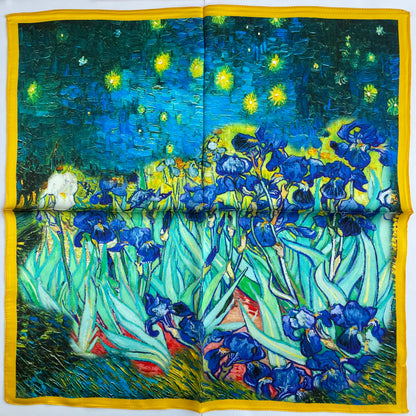 100% Pure Silk Multicolour Small Silk scarf -The Irises -21” Silk Scarf