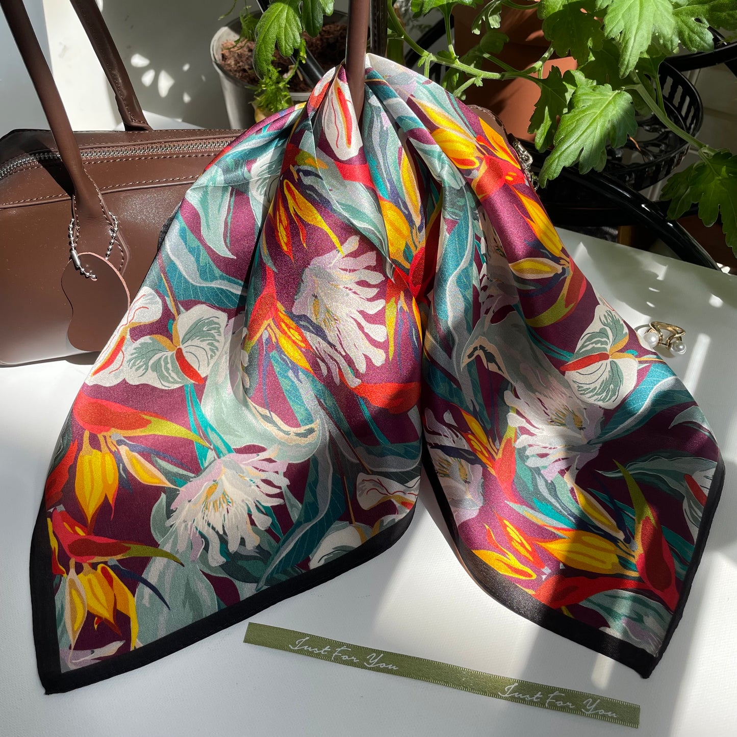100% Pure Silk Multicolor 20" Silk Square Scarf -The Flowers