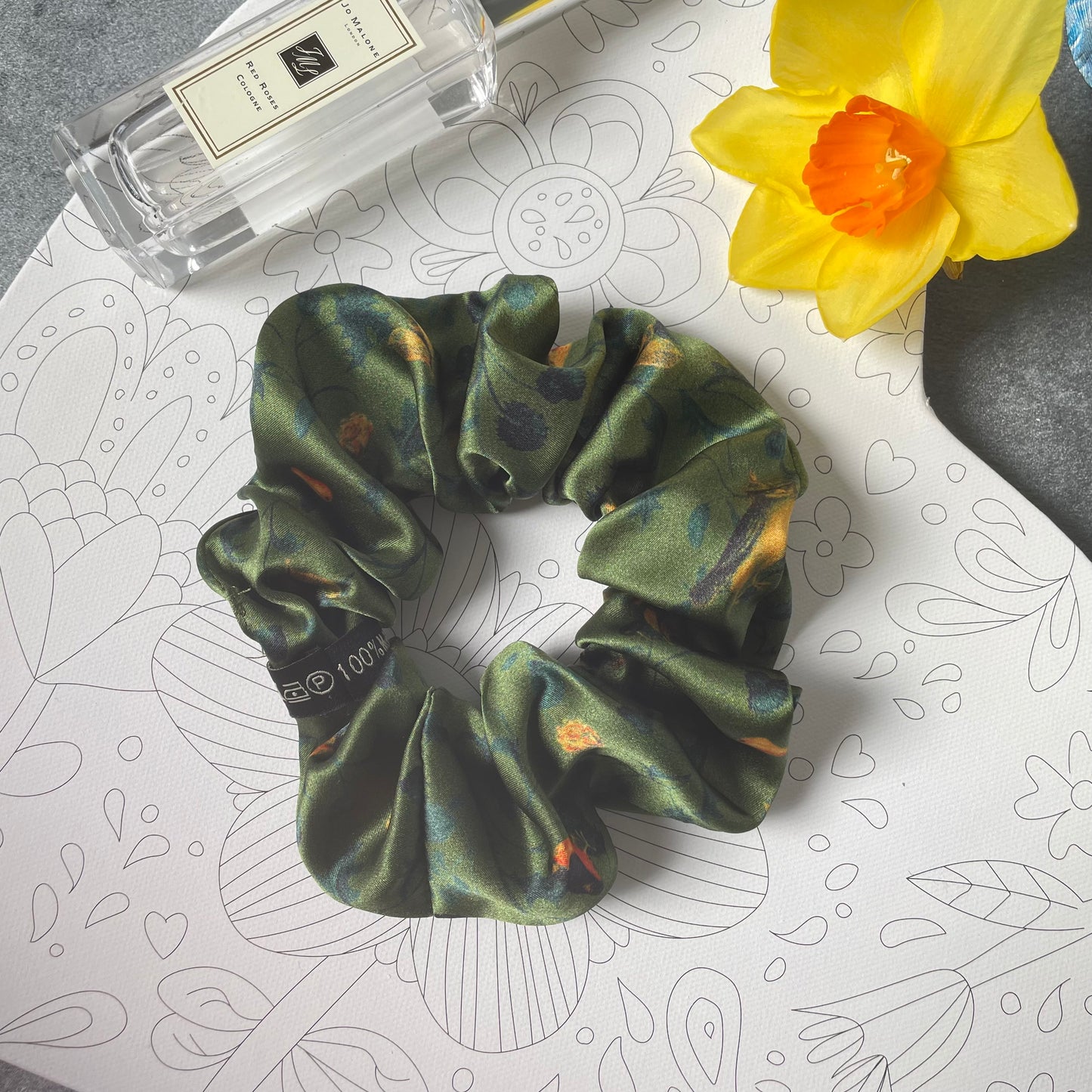 Luxury Handmade Pure Silk Scrunchie - Luxury 7cm wide Silk Hair tie - Artistic Silk Scrunchie-The Green & Birds