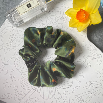 Luxury Handmade Pure Silk Scrunchie - Luxury 7cm wide Silk Hair tie - Artistic Silk Scrunchie-The Green & Birds