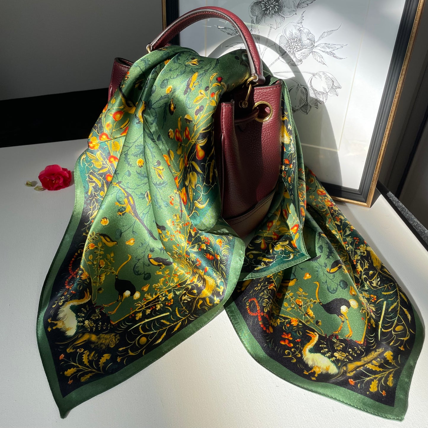100% Pure Silk Multicolour Large Silk Scarf / Headscarf-The Green & Birds- 26”Silk Scarf / Headscarf
