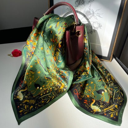 100% Pure Silk Multicolour Large Silk Scarf / Headscarf-The Green & Birds- 26”Silk Scarf / Headscarf