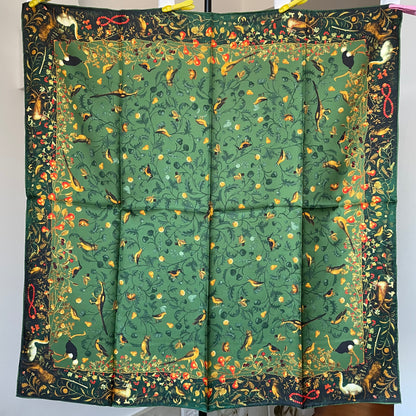 100% Pure Mulberry Silk Extra Large Hand Rolled Silk Scarf 35"- The Green & Birds