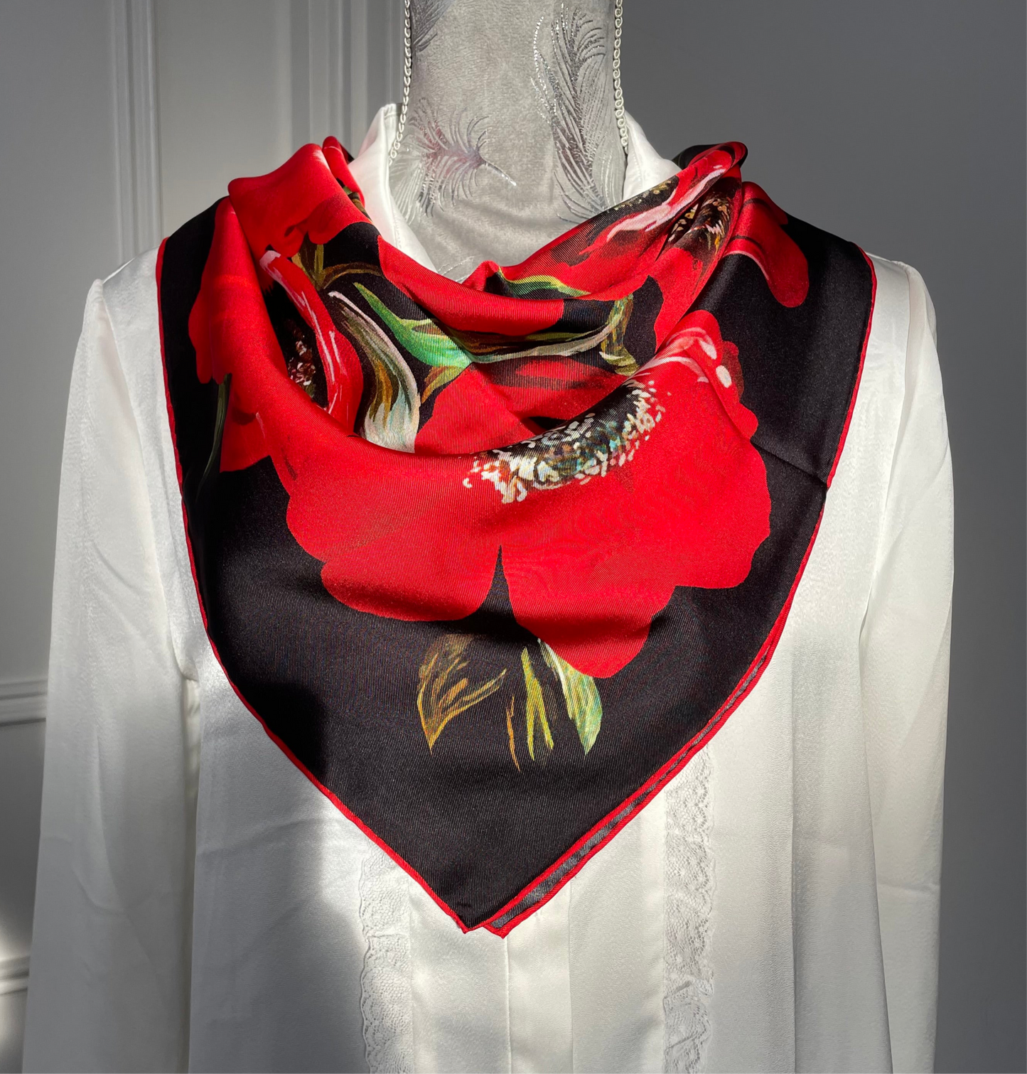 100% Pure Mulberry Silk Extra Large Hand Rolled Silk Scarf 35"- The Peony