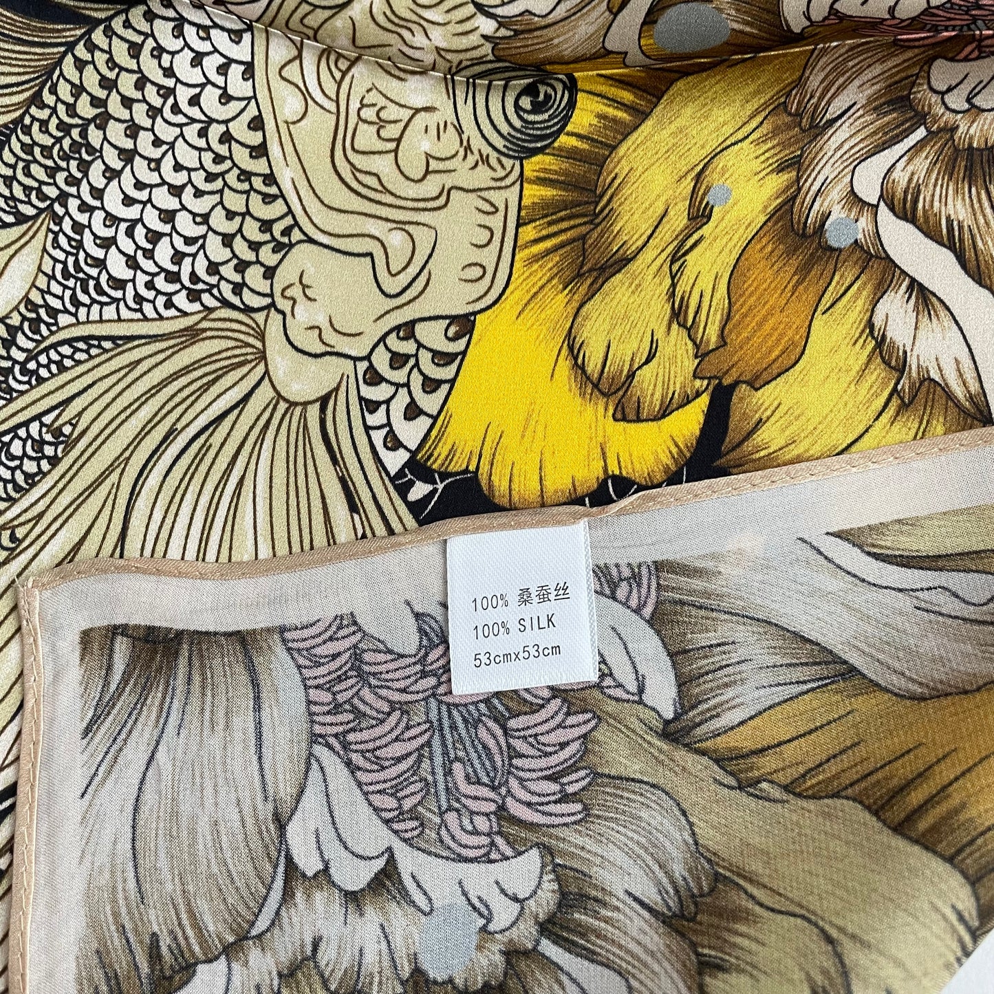 100% Pure Silk Multicolour Small Silk scarf -The Golden Fish-21” Silk Scarf