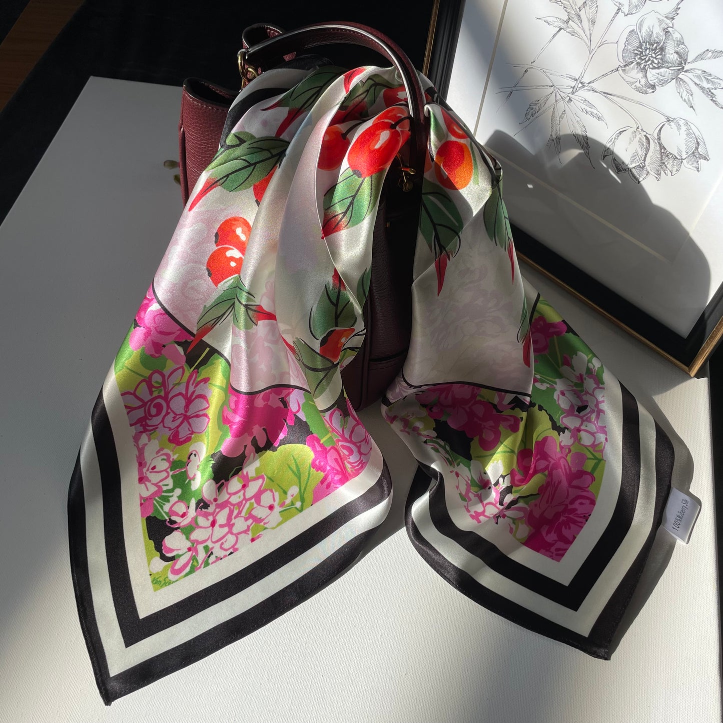 100% Pure Mulberry Silk 26” Scarf - Large Multicolour Headscarf/ Bandana/Hair Scarf - Elegant Square Silk Scarf Gift for Her/Mom -The Pipits &amp;Cherry
