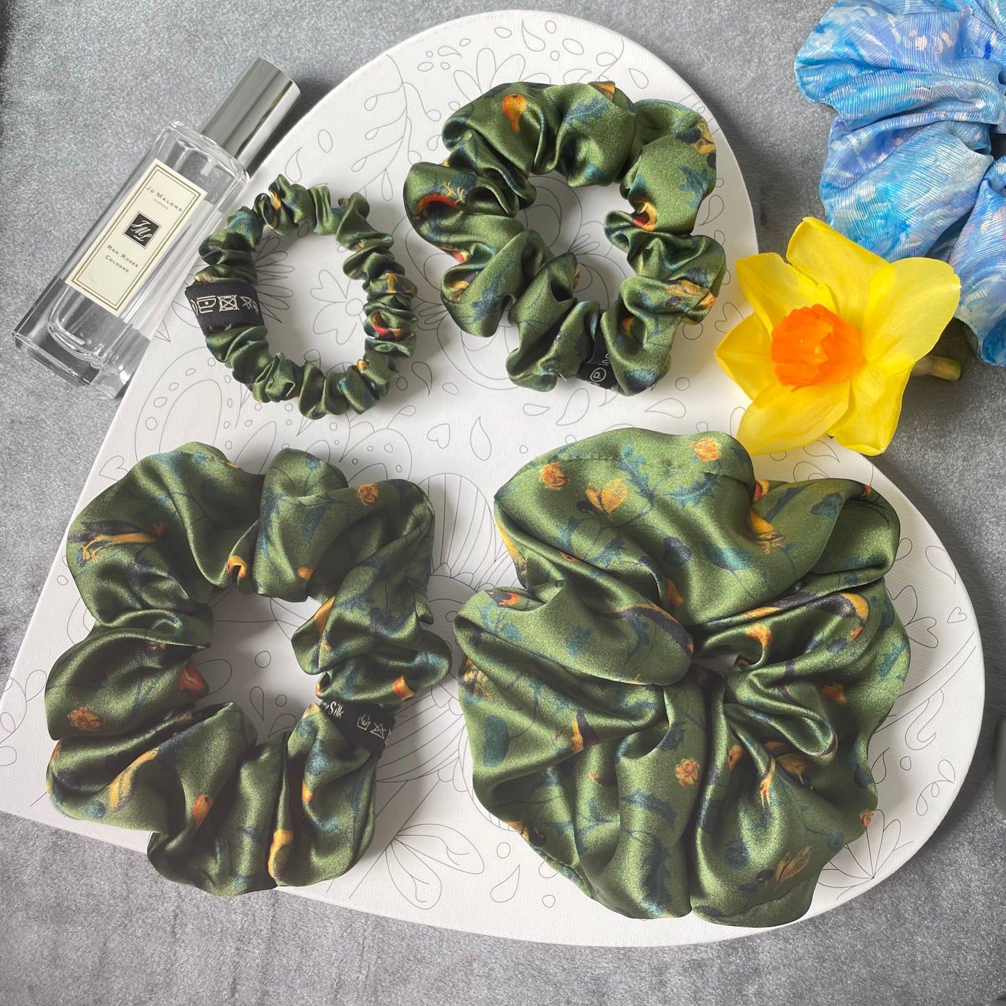 Luxury Handmade Pure Silk Scrunchie - Luxury 7cm wide Silk Hair tie - Artistic Silk Scrunchie-The Green & Birds