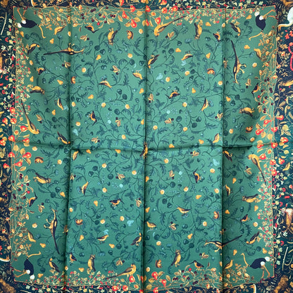 100% Pure Mulberry Silk Extra Large Hand Rolled Silk Scarf 35"- The Green & Birds