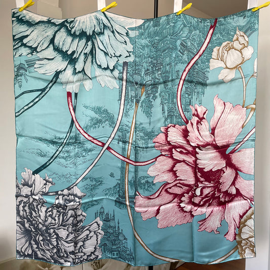 100% Pure Mulberry Silk Multicolour Handmade Large Silk Scarf 43"- The Peony