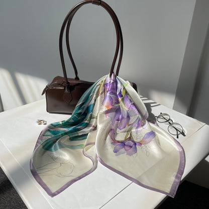 100% Pure Silk Multicolour Large Silk Scarf / Headscarf-The Summer Irises - 26”Silk Scarf / Headscarf