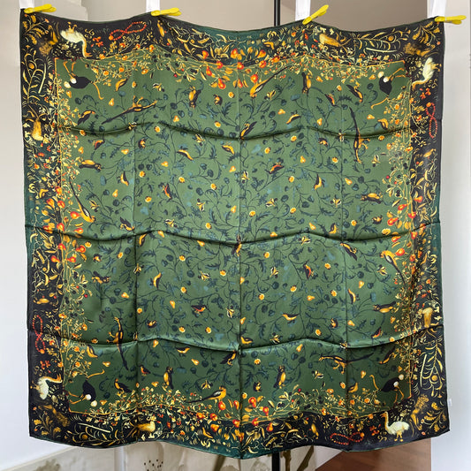 100% Pure Mulberry Silk Multicolour Handmade Large 43"Silk Scarf - The Green Bird