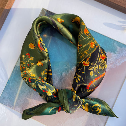 100% Mulberry Silk Scarf-Small Square Multicolor Silk Scarf, lightweight Luxury Neck Hair Scarf -The Green & Birds