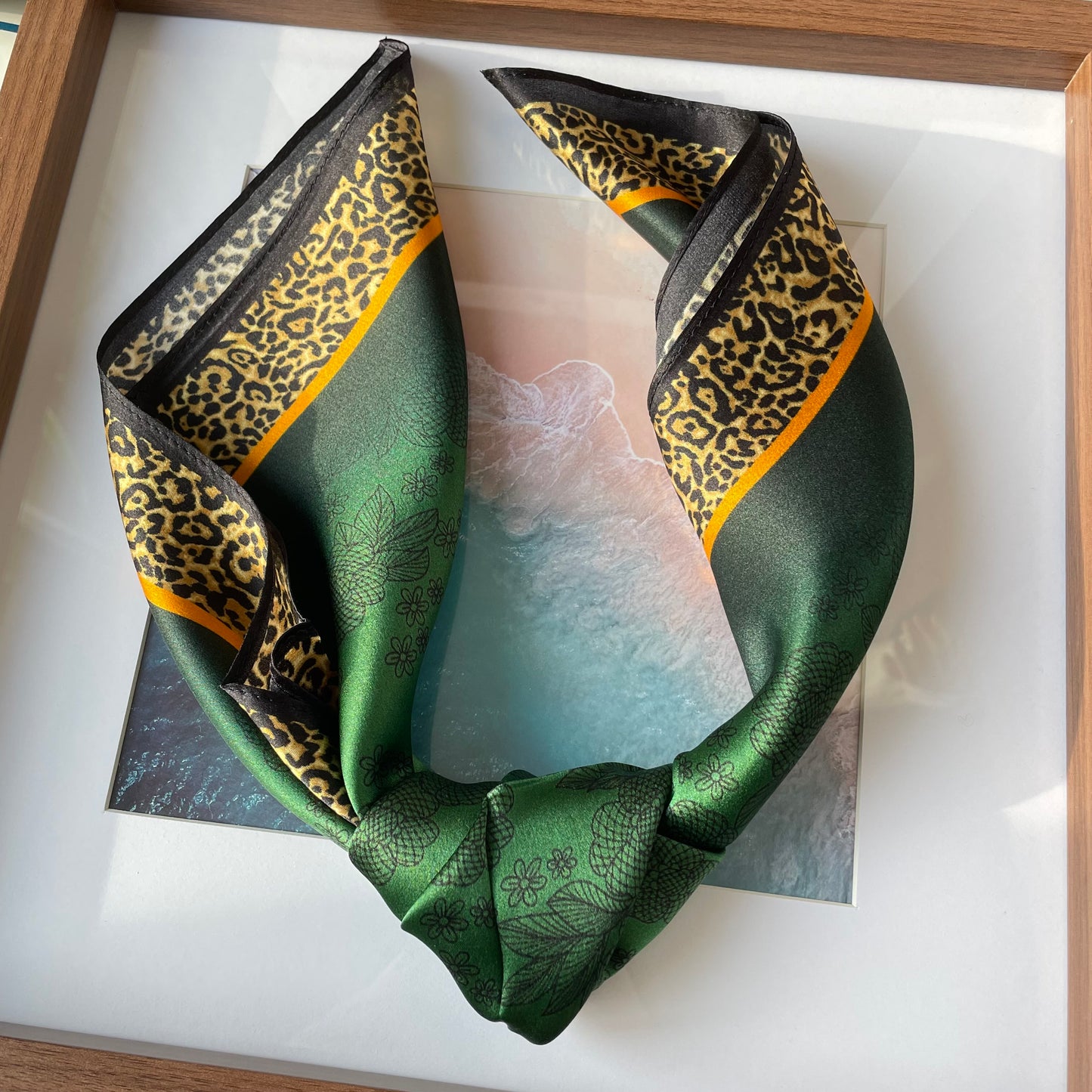 100% Pure Silk Multicolour Small Silk Scarf -The Green & Leopard