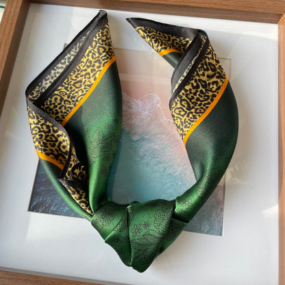 100% Pure Silk Multicolour Small Silk Scarf -The Green & Leopard