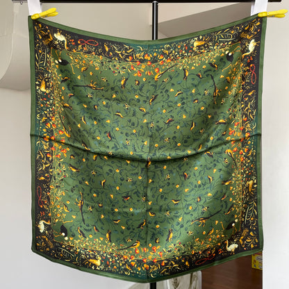 100% Pure Silk Multicolour Large Silk Scarf / Headscarf-The Green & Birds- 26”Silk Scarf / Headscarf