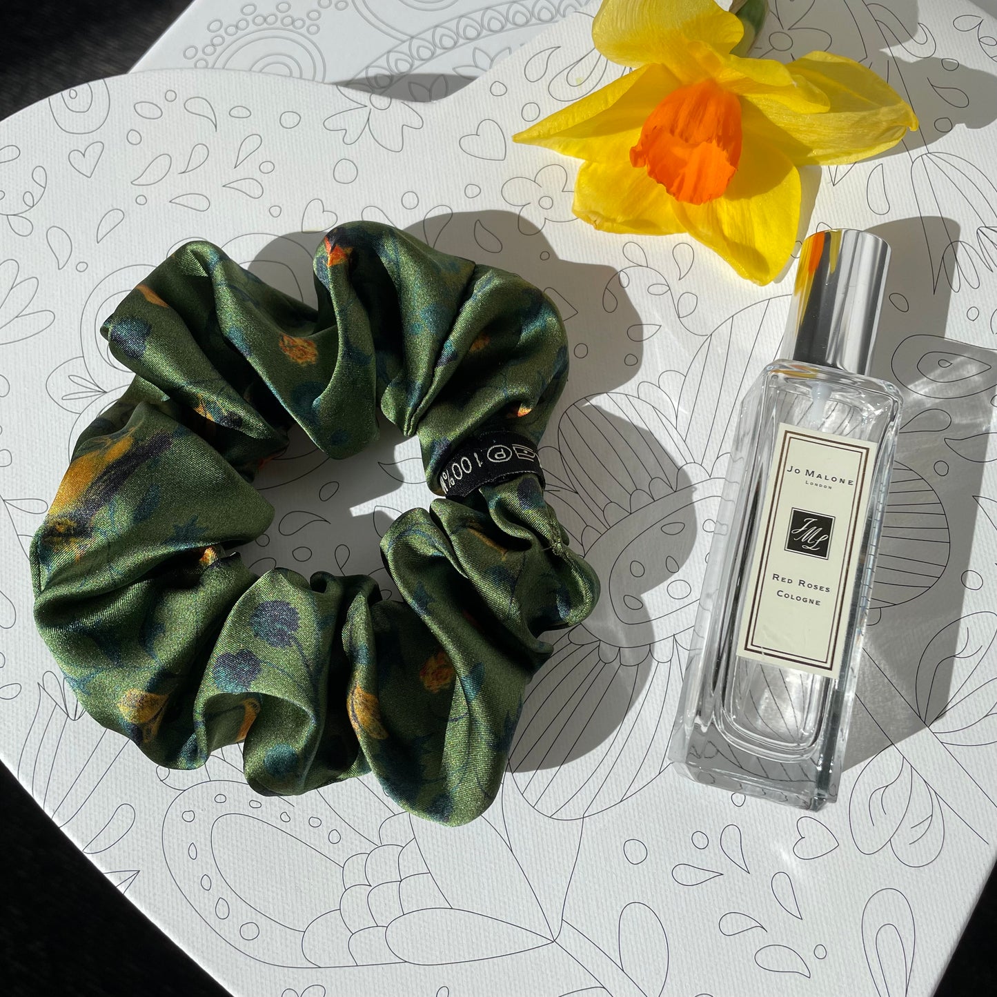 Luxury Handmade Pure Silk Scrunchie - Luxury 7cm wide Silk Hair tie - Artistic Silk Scrunchie-The Green & Birds