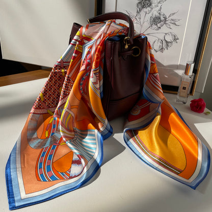 100% Pure Mulberry Silk 26” Scarf - Large Multicolour Headscarf/ Bandana/Hair Scarf - Elegant Square Silk Scarf Gift for Her/Mom -The Horseshoe