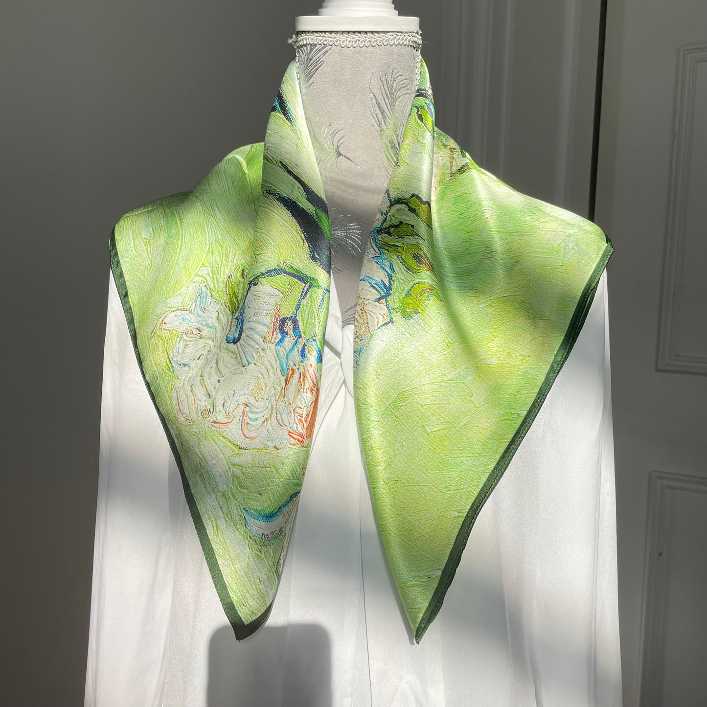 100% Pure Silk Multicolour Large Silk Scarf / Headscarf-The White Rose - 26”Silk Scarf / Headscarf