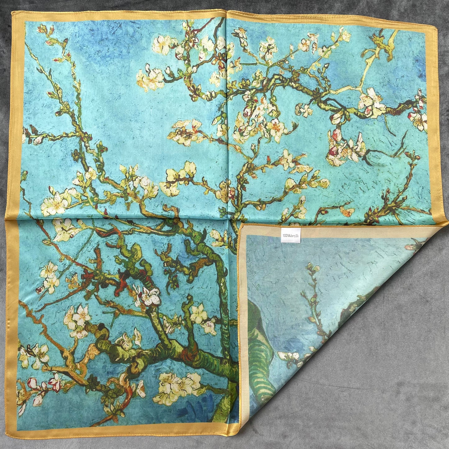 100% Pure Silk Multicolour Large Silk Scarf / Headscarf-The Blue Flowers- 26”Silk Scarf / Headscarf