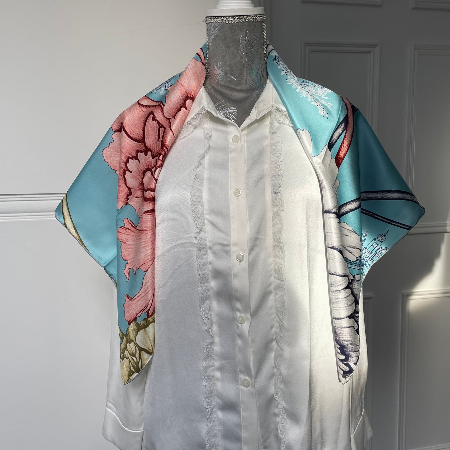 100% Pure Mulberry Silk Extra Large HandRolled Silk Scarf 35"- The Peony Flowers