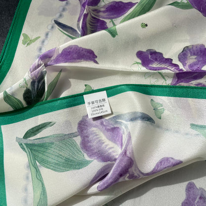 100% Pure Silk Multicolour long Silk Scarf / Headscarf-The Irises