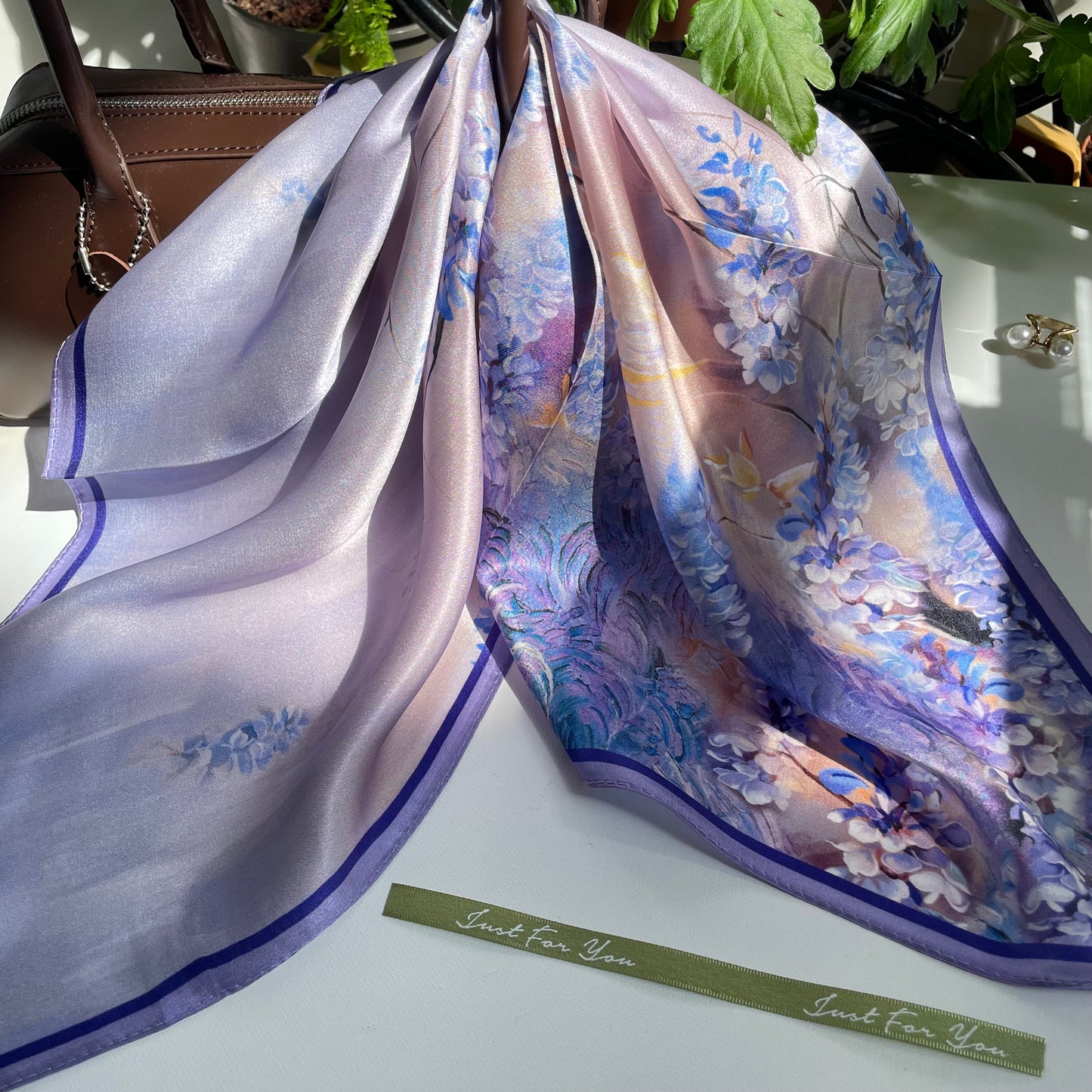100% Pure Silk Multicolor 20" Silk Square Scarf -The Purple Flower Sea