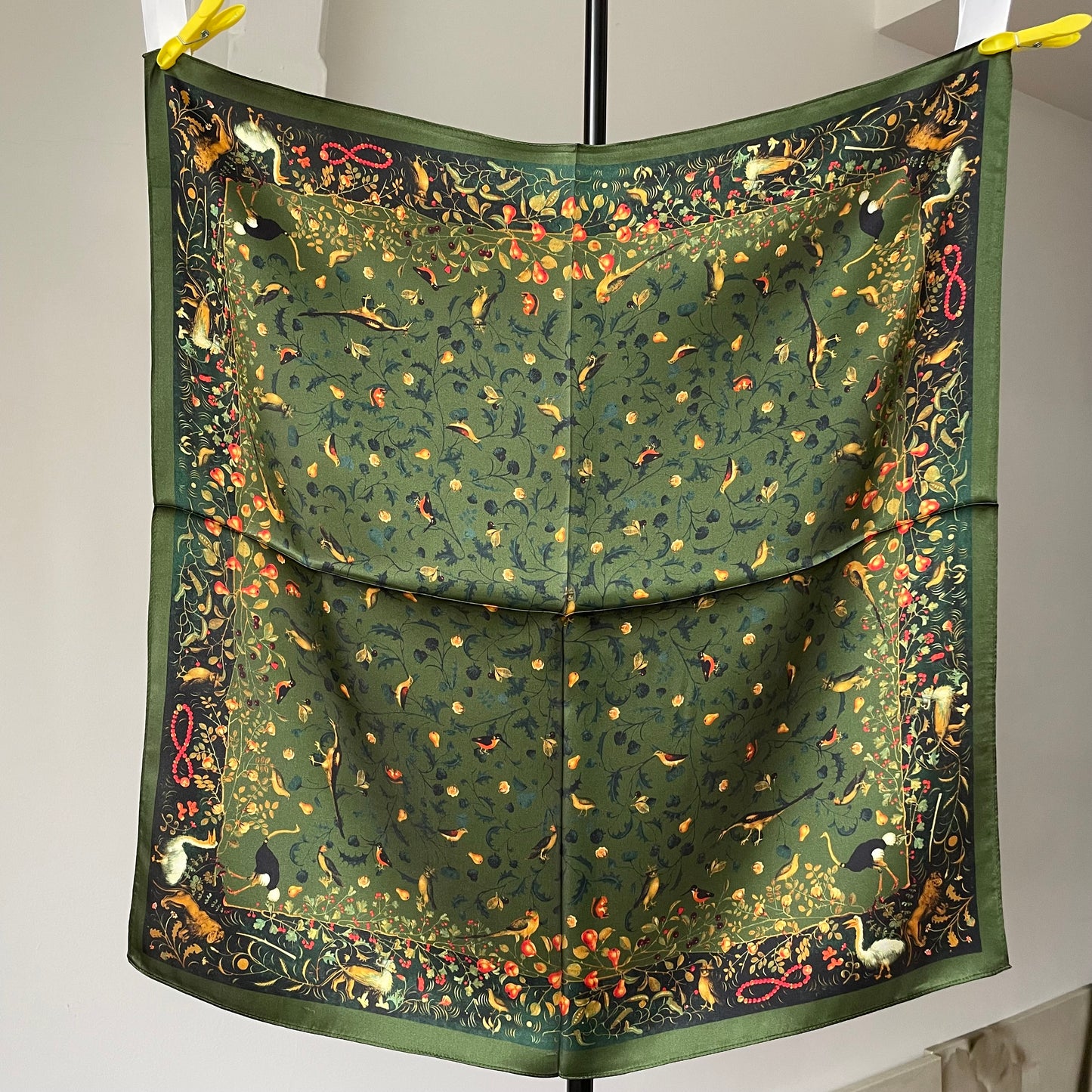 100% Pure Silk Multicolour Large 26” Silk Scarf / Headscarf-The Green & Birds