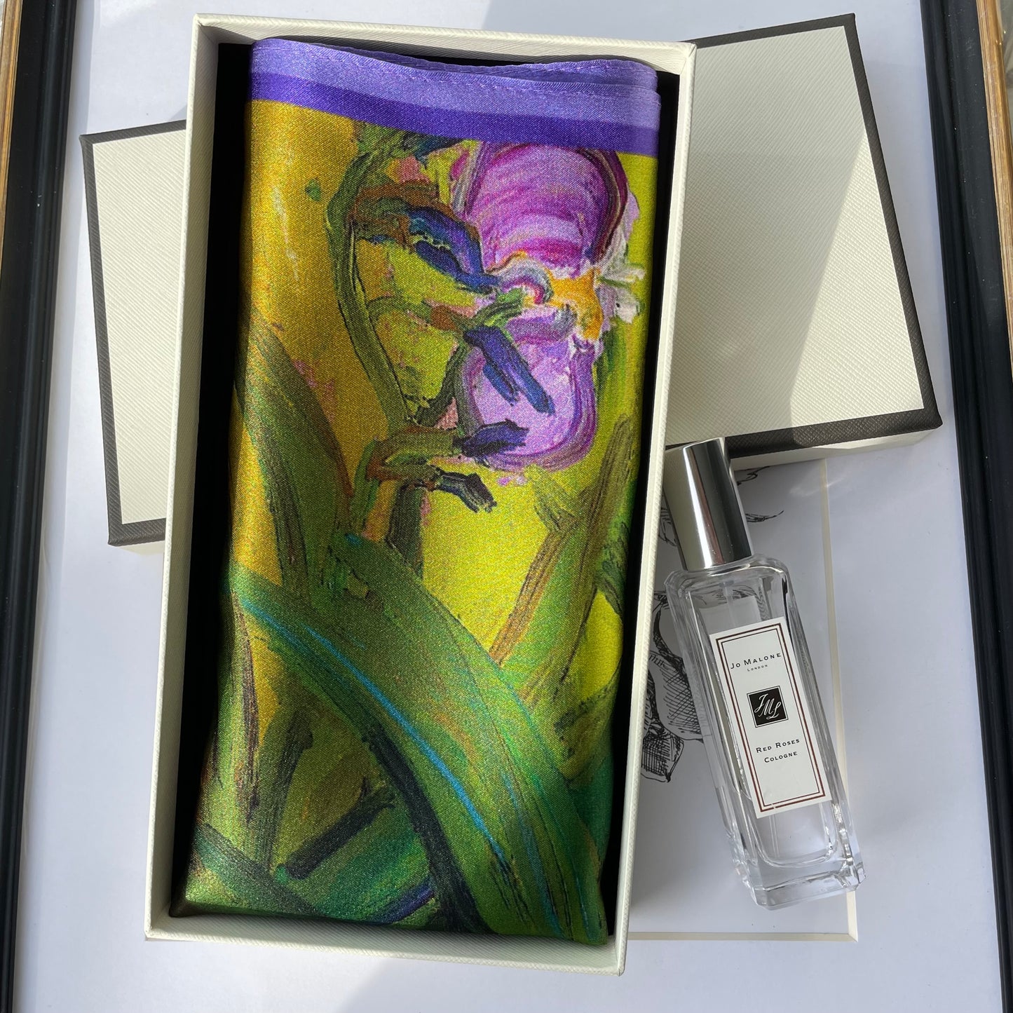 100% Pure Silk Multicolor 20" Silk Square Scarf -The Irises