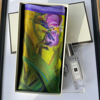 100% Pure Silk Multicolor 20" Silk Square Scarf -The Irises