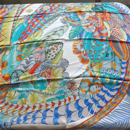 100% Pure Mulberry Silk Multicolour Handmade Large Silk Scarf 43"- The White Feathers