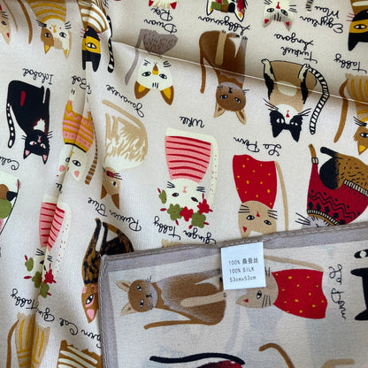 100% Pure Silk Multicolour Small Silk Scarf -The Cats