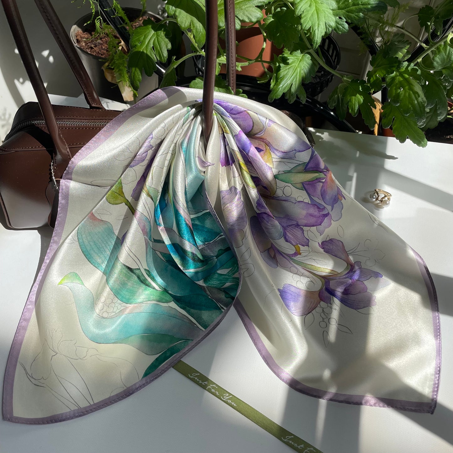 100% Pure Silk Multicolor 20" Silk Square Scarf -The Irises