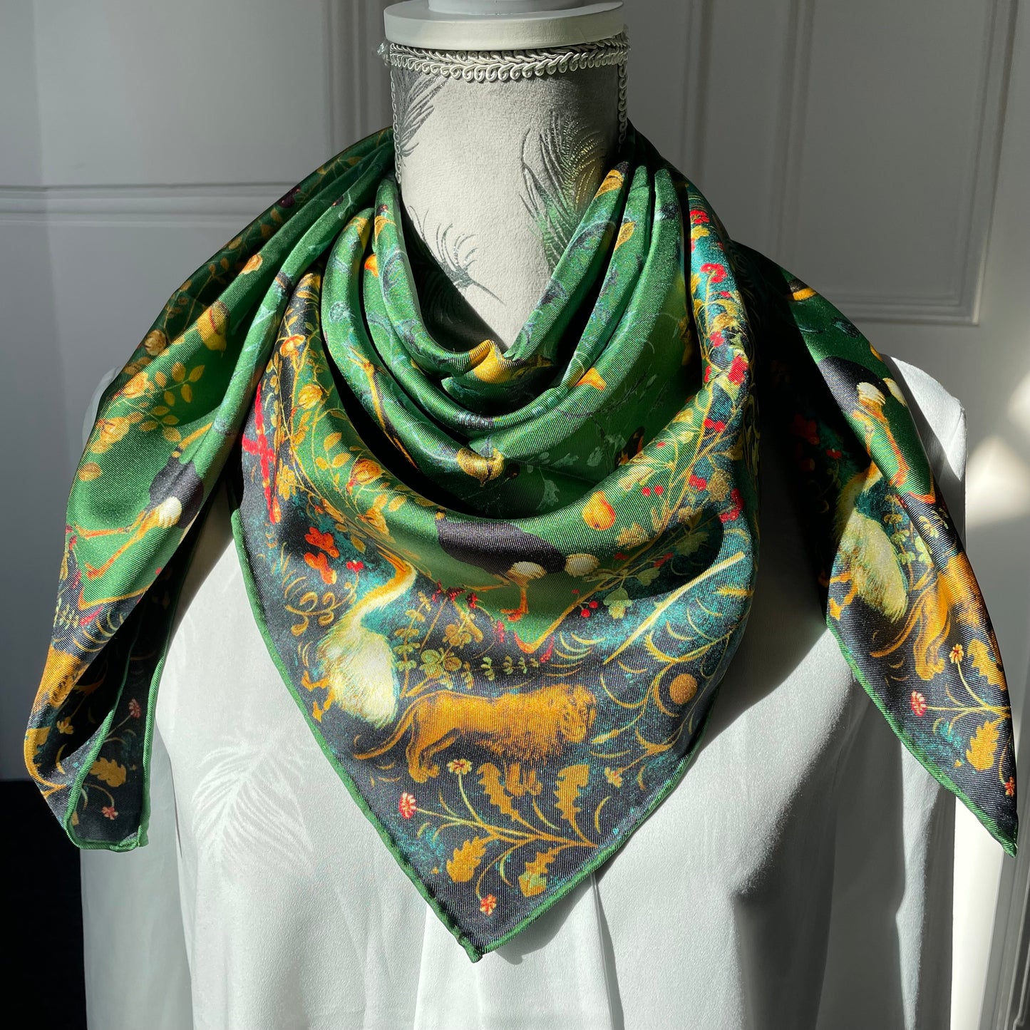 100% Pure Mulberry Silk Extra Large Hand Rolled Silk Scarf 35"- The Green & Birds