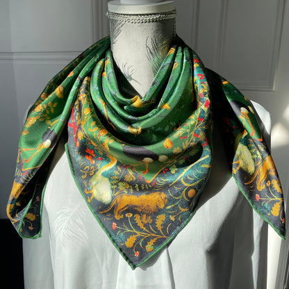 100% Pure Mulberry Silk Extra Large Hand Rolled Silk Scarf 35"- The Green & Birds