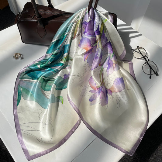 100% Pure Silk Multicolour Large Silk Scarf / Headscarf-The Summer Irises - 26”Silk Scarf / Headscarf