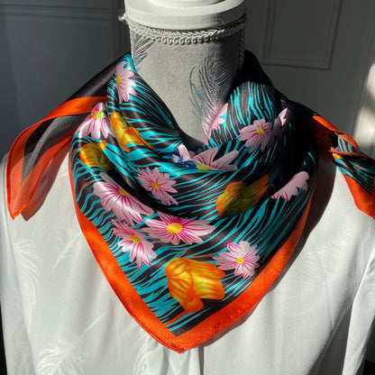 100% Pure Mulberry Silk 26” Scarf - Large Multicolour Headscarf/ Bandana/Hair Scarf - Elegant Square Silk Scarf Gift for Her/Mom -The Flowers